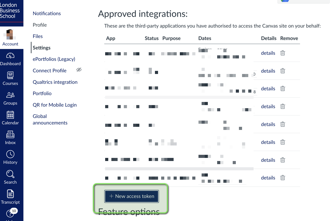 Canvas Approved Integrations page with the '+ New access token' button highlighted